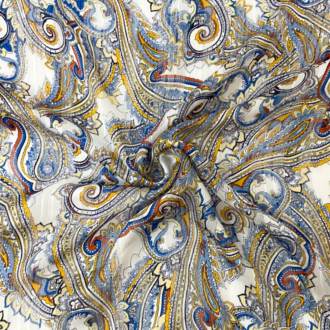 Blue-Multi Poly Paisley Printed Satin Stripe Chiffon Woven Fabric By the Yard